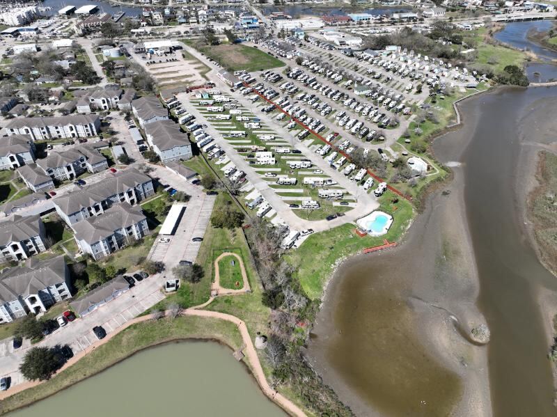 Aerial view of the resort along the bayou
