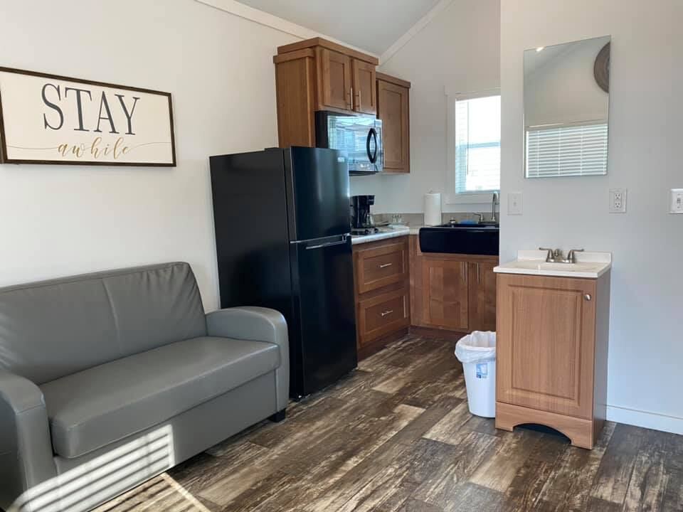 Cabin living area and kitchenette