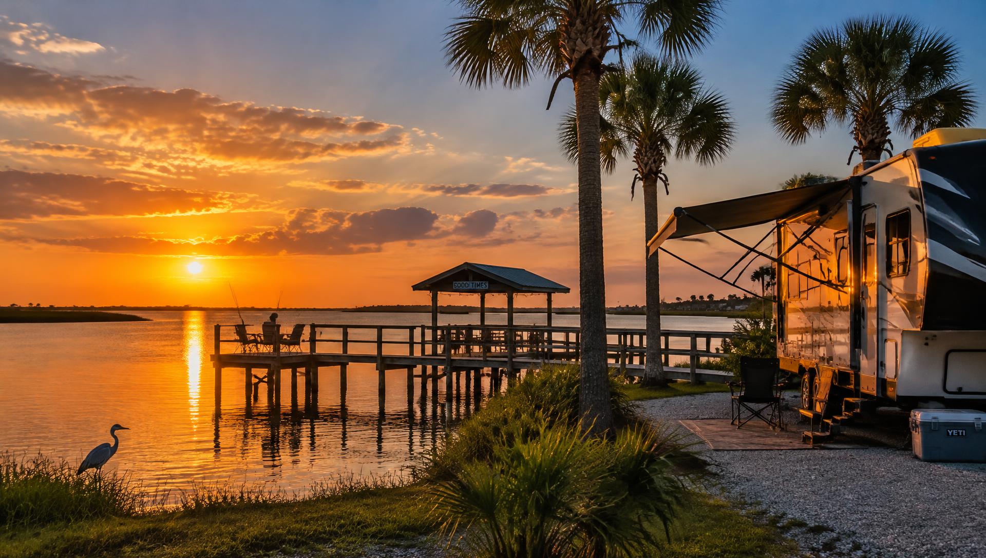 Sunset over Jarboe Bayou beside an RV site and fishing pier